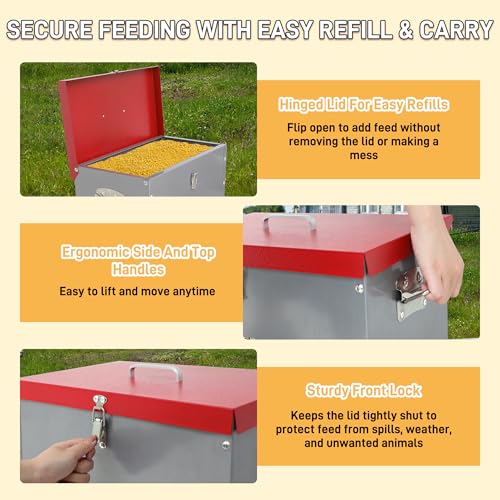 Automatic Chicken Feeder-40LB Metal Poultry Feeder No Waste with 6 Feeding Ports, Rat Proof Auto Chicken Feeders with Rust-Resistant Steel Frame, Locking Lid & Handle for Duck Geese Outdoor Use