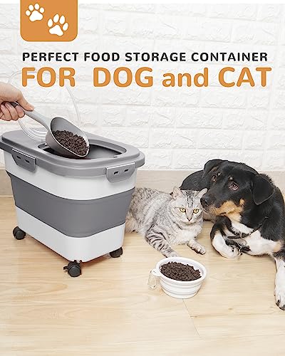 20-23 Lbs Dog Food Storage Container - Collapsible Dog Food Container with Attachable Casters and Scoop,Travel Silicone Bowl, Pet Food Storage Containers to Keep Dry Food Fresh,Easy to Move - color: Grey