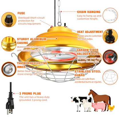 FHTONGE Waterproof Explosionproof Chicken Coop Heater Lamp, 300W/600W Adjustable Hanging Aluminum Livestock Heat Lamp, Halogen Heated Light for Reptile Poultry Brooder Outdoor Rabbit Dog Whelping Box