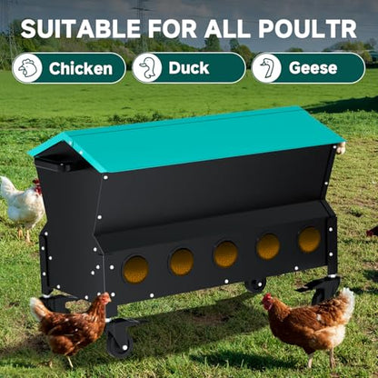 Heavy Duty Chicken Feeder 120 lbs Large Capacity, Metal Automatic Poultry Feeding Box with Waterproof Lid, Raised Standing Feeder with Wheels for Hens & Roosters, Portable & Easy to Move - color: Green