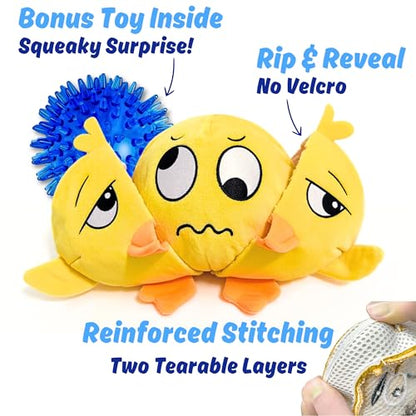 Ducky 3 in 1 Plush Duck Dog Chew Toy with Squeaky Ball Inside for Aggressive Chewers, Super Interactive, No Stuffing, Strong Tough Heavy Durable, Birthday Gift Box for Small & Large Breeds - color: Yellow