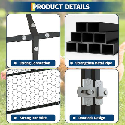 Metal Chicken Coop with Cover, Metal Chicken Run with 3 Doors, Chicken Runs for Yard, Poultry Cage for Rabbit Duck Goose, Black, 120" x40" x40" - color: black