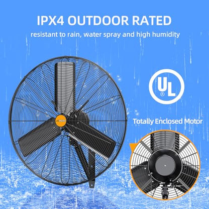 24 inch Outdoor Oscillating Wall Mounted Fan, High Velocity IPX4 Waterproof 7350 CFM Industrial Metal Wall Fan, 2 Speed, Adjustable Tilt, for Greenhouse, Patio, Garage, Workshop - size: 24inch-outdoor