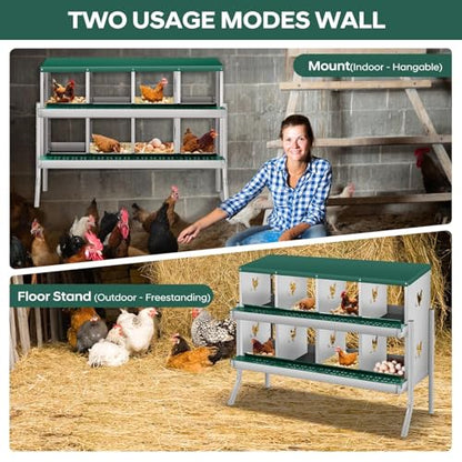 Rustproof Roll Away Two-Tier Design - Chicken Nesting Box for Small Animals - 8 Compartments, Galvanized Steel, Removable Tray & Lid, Wall Mounted or with Legs, Large Vent Holes, Easy Clean - - color: Green | 8 Compartments+legs