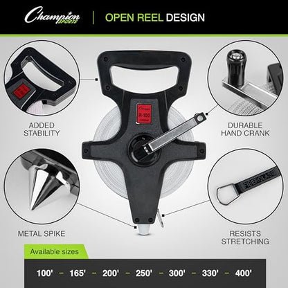 Champion Sports Open Reel Measuring Tapes – Durable Hand Crank with Metal Spike, Dual-Sided Feet & Meters, Perfect for Track & Field and Long Jump, 100 ft/30 meters - size: 30 m