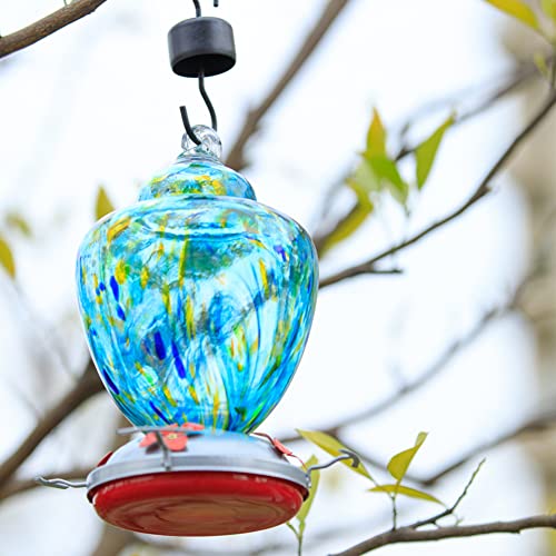 REZIPO Hummingbird Feeder with Perch - Hand Blown Glass - Light Green - 38 Fluid Ounces Hummingbird Nectar Capacity Include Hanging Wires and Moat Hook - color: Light Green