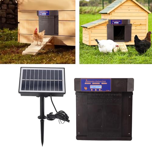 Automatic Chicken Coop Door Opener, Solar Battery Powered with LED Display, Timer Function, Double Doors Electric for Chickens, Ducks, Geese, Easy to Set Opening and Closing Time (Dark Brown) - color: Dark Brown