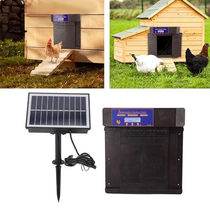 Automatic Chicken Coop Door Opener, Solar Battery Powered with LED Display, Timer Function, Double Doors Electric for Chickens, Ducks, Geese, Easy to Set Opening and Closing Time (Dark Brown) - color: Dark Brown