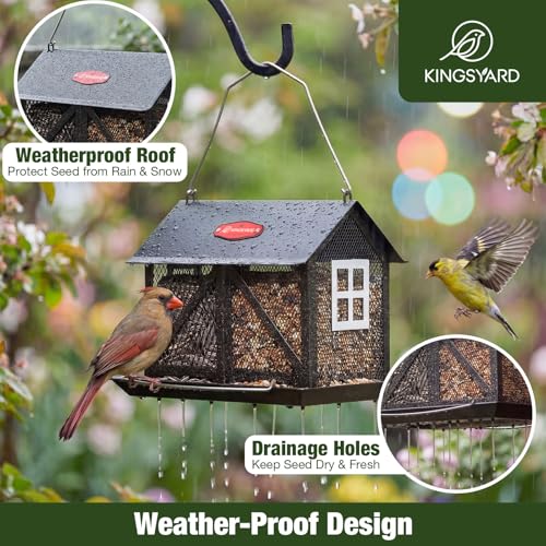 Kingsyard Metal Bird Feeder for Outdoors Hanging, 2-in-1 Wild Bird Feeder with Seed Tray & Built-in Perch, 5 lb Large Capacity for Cardinal Chickadee Finch, Black - color: Black