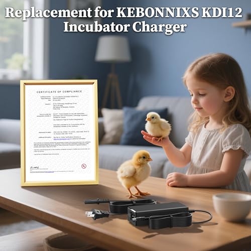 12V Charger Replacement for KEBONNIXS KDI-12 KDI12 Incubator Humidity Display Egg Candler Automatic Egg Turner Power Supply for Hatching Chickens BX-1204000 BX1204000 AC Adapter DC12V Power Cord