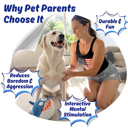 Sharky 3 in 1 Plush Shark Dog Chew Toy with Squeaky Ball Inside for Aggressive Chewers, Super Interactive No Stuffing, Strong Tough Heavy Durable, Birthday Gift Box for Small & Large Breed - color: Blue