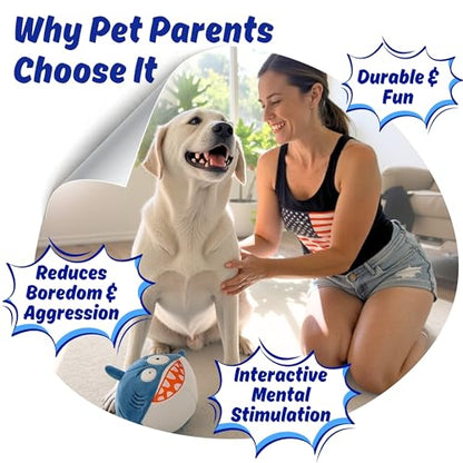Sharky 3 in 1 Plush Shark Dog Chew Toy with Squeaky Ball Inside for Aggressive Chewers, Super Interactive No Stuffing, Strong Tough Heavy Durable, Birthday Gift Box for Small & Large Breed - color: Blue