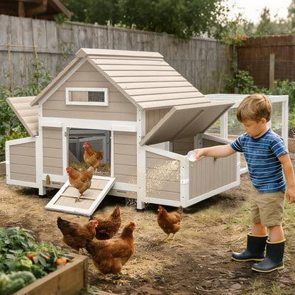 Ketive Large Chicken Coop with Run for 6–8 Chickens — Wooden Outdoor Hen House Chicken Hutch with 6 Nesting Boxes, Dual Ramp Doors, Slide-Out Tray, Curved Roof (118.3" L x 38" W x 40.2" H) - size: 118.3"L x 38.0"W x 40.2"H