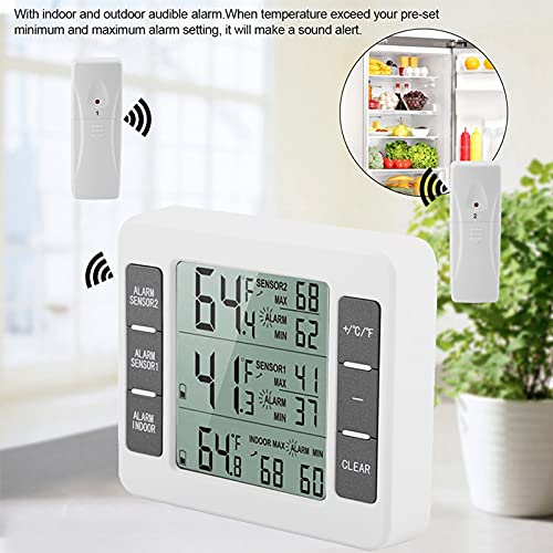 Digital Indoor Outdoor Temperature Monitor with LCD Display, Refrigerator Thermometer, Min Max Record, Alarm Function