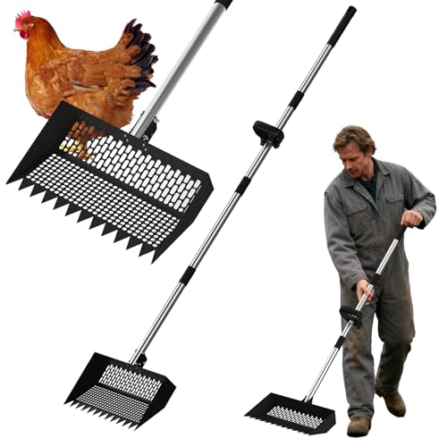 2-in-1 Chicken Poop Scooper & Chicken Coop Rake, Adjustable Stainless Steel Handle Chicken Coop Sifting Litter Shovel & Metal Litter Sifter (12 Inch, 28-65"，Black)