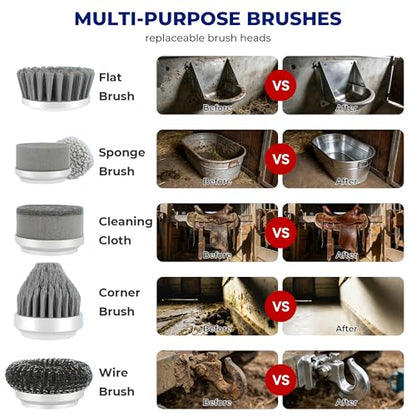 Electric Spin Scrubber for Horse Stall & Home – Cordless Power Scrubber with 5 Stiff & Soft Brush Heads, IPX7 Waterproof – Handheld Cleaner for Horse Water Buckets, Feed Troughs, Muddy Boots