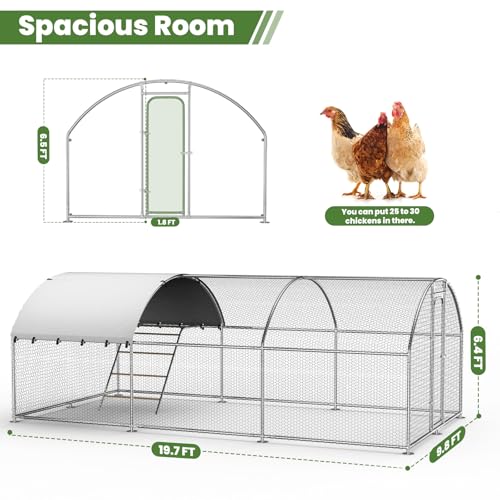 Large Chicken Coop with Roosting Perch, 10' L x 19.7' W x 6.4' H Walk-in Poultry Cage Chicken Run Chicken Pen Dome Shaped Coop with Waterproof Cover for Outdoor Farm Backyard Use - size: 236.2"L x 118.0"W x 78.0"H