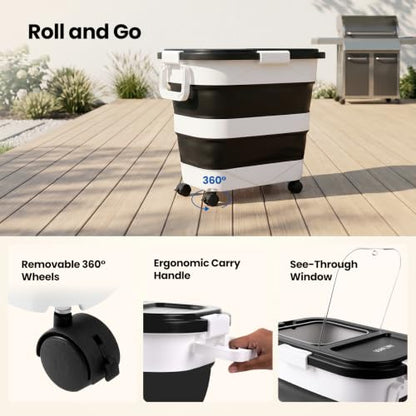 Wood Pellet Storage Container 30-40lbs, Airtight Bin with Locking Lid & Clear Window, Collapsible Pellet Bucket with Wheels, Scoop & Labels, Black & White - color: Black-L