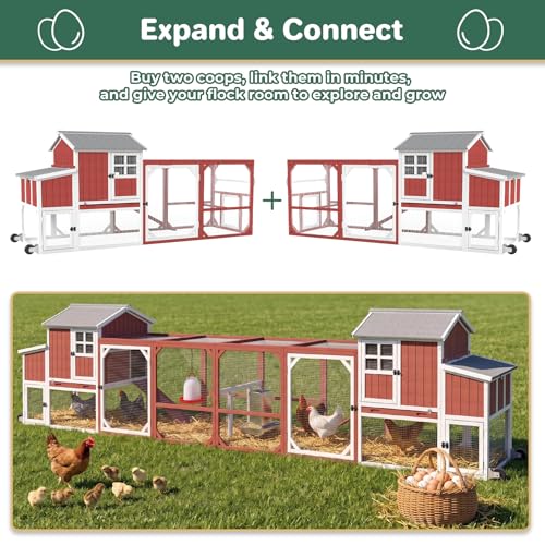 Large Chicken Coop with Wheels, Outdoor Hen House Tractor for 3-6 Chickens | 3 Nesting Boxes, 6 Access Doors, Pull-Out Tray, Mobile, Expandable, Easy-Clean, Breathable, 95"L - size: 95.0"L x 32.0"W x 45.0"H