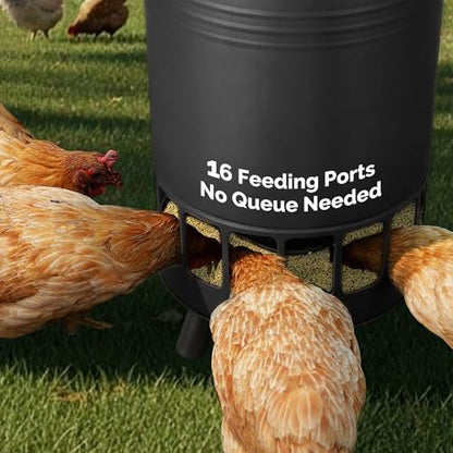 Solution4Patio 65 LB Large Chicken Feeder No-Waste, Portable Gravity Chicken Feeder Automatic, Dispenser, 16 Feeding Ports Poultry Feeder, Hen Coop (Black)