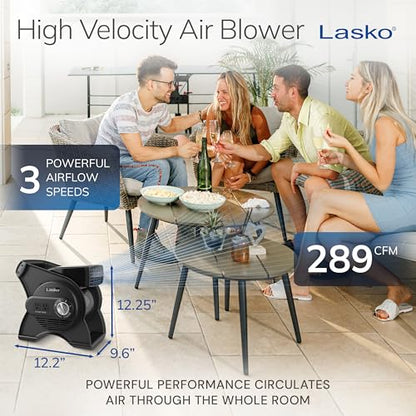 Lasko High Velocity Portable Utility Fan - Adjustable Air Mover Blower Fan for Bedroom, Office Desk, Garage, and Home - With 2 Outlets 120V - 3 Speeds - U12104 - 12" Tall - Black