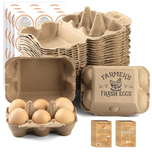 40 Pack Egg cartons 2x3 Style Half dozen egg cartons Bulk 6 Count Reusable Paper pulp egg storage tray Sturdy egg containers with instruction cards and stickers for Family Farm Market - color: light brown-40