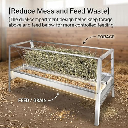 77 Gallon Capacity Livestock Feeder, 2-in-1 Large Capacity Feed & Water Trough, Goat Hay Feeder, Freestanding Outdoor Farm Livestock Feeder, Smooth Edges Design for Goats, Horses, Ranch & Barn Use