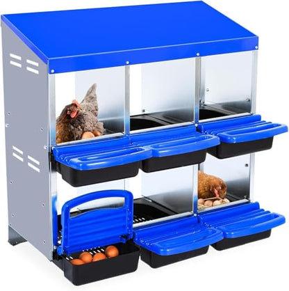 Chicken Nesting Box, 6 Hole 2 Layer Hen Nest Boxes with Legs, Roll-Away Egg Collection System with Ventilation Holes，Rustproof Plastic Tray & Keyhole Mounting, Chicken Laying Box - color: Blue, size: 6 holes