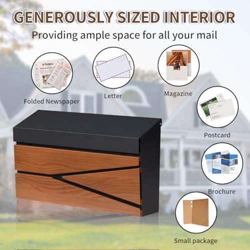Ydocabinit Wall Mount Mailbox, Large Capacity Mailbox for House, Galvanized Steel Rust-Proof Metal Post Box Drop， Mailboxes for Outside, 15.74"×9.84"×4.33", Black Wooden Patterned Metal Sheet