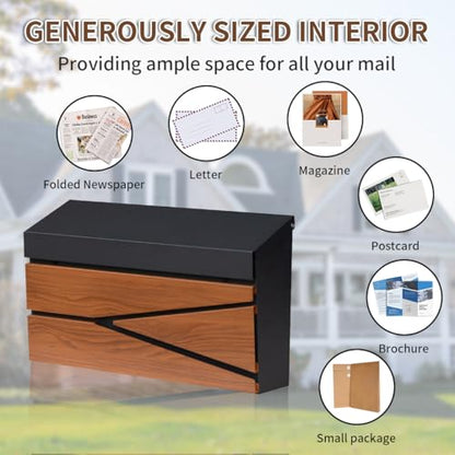 Ydocabinit Wall Mount Mailbox, Large Capacity Mailbox for House, Galvanized Steel Rust-Proof Metal Post Box Drop， Mailboxes for Outside, 15.74"×9.84"×4.33", Black Wooden Patterned Metal Sheet