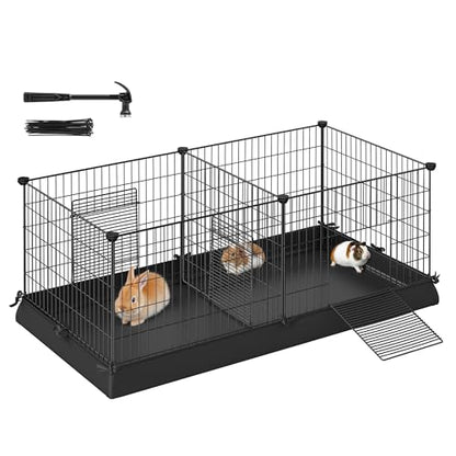 SONGMICS Guinea Pig Cages, Metal Grid Small Animal Playpen with Waterproof Washable Liner, 2 Separate Spaces for Rabbits, Ferrets, Bunnies, Hedgehogs，48.4 x 24.8 x 18.1 Inches, Black ULPI07H - color: Black, size: 48.4"L x 24.8"W x 18.1"H, style: 7 Panels