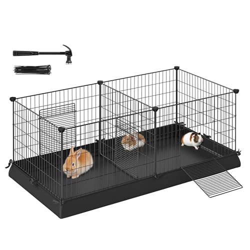 SONGMICS Guinea Pig Cages, Metal Grid Small Animal Playpen with Waterproof Washable Liner, 2 Separate Spaces for Rabbits, Ferrets, Bunnies, Hedgehogs，48.4 x 24.8 x 18.1 Inches, Black ULPI07H - color: Black, size: 48.4"L x 24.8"W x 18.1"H, style: 7 Panels
