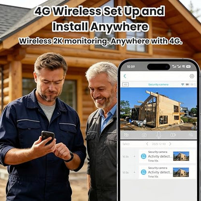 No WiFi Security Camera, 4G LTE Cellular Security Camera Battery Powered with SIM Card & Memory Card, 2K Color Night Vision, Motion Detection, 2-Way Talk, Solar Camera Outdoor Wireless