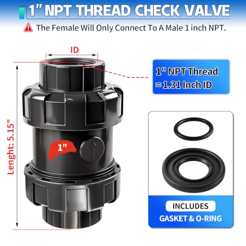 1 inch NPT PVC Check Valve, SCH80 Full Port Water Pump Ball Check Valve | UPVC Inline Backflow Preventer, leak Proof One Way valve, with Stainless Steel Spring, Horizontal or Vertical Installation - size: 1''NPT