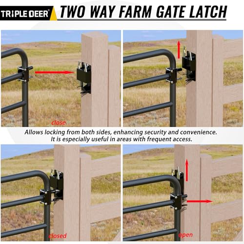 TRIPLE DEER Heavy Duty 2 Way Farm Gate Latch Lockable, Two Way Livestock Fence Gate Latches for Metal Gates, Ranches, Farms, Stables, Horse Corrals, Pet Cages (2 Pack, Include Screws and Instructions)
