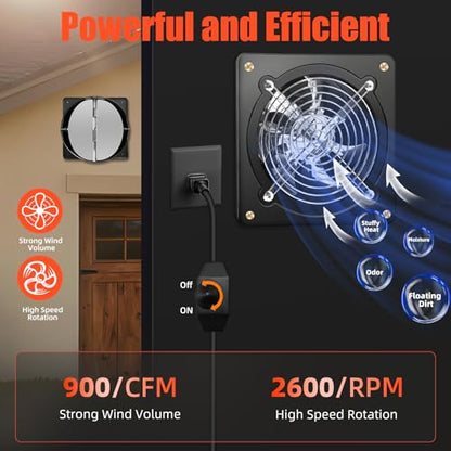 10 Inch Exhaust Fan with Speed Controller, 900CFM Wall Mount Exhaust Fan for Kitchen, Metal Ventilation Extractor Fan with Damper for Bathroom, Garage, Attic, Shop, Pet Room, Smoking Room, Basement - size: 10 Inch