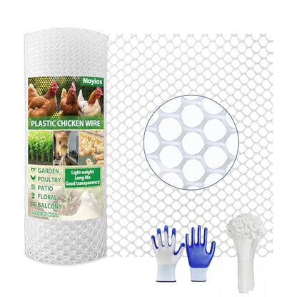 White Plastic Chicken Wire mesh 15.7IN x 33FT,Plastic Chicken Wire Fencing,Poultry Netting,Plastic mesh for Garden,Balcony Fence,Chicken Wire Frame for Crafts, Floral Mesh.with 100 Ties - color: 33ft White