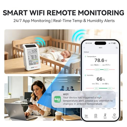 BaldrTherm WiFi Thermometer Hygrometer with Backlight, Weather & Time, Solar-Powered Indoor Outdoor Temperature Humidity Monitor with App Alerts, Weather Station for Greenhouse, Cellar & Baby Room