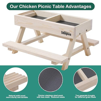 Boulphia Chicken Feeders and Waterers, Chicken Feeder No Waste Kit with Picnic Table and 2 Water Feeder, Handmade Wooden Chicken Supplies & Accessories for Chicken Coop - color: Natural Solid Wood