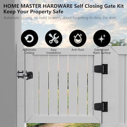 HOME MASTER HARDWARE Self-Closing Gate Kit Black - 3.5 in Spring Tee Hinges 2 Pack + Self-Adjusting Gate Latch 1 Pack