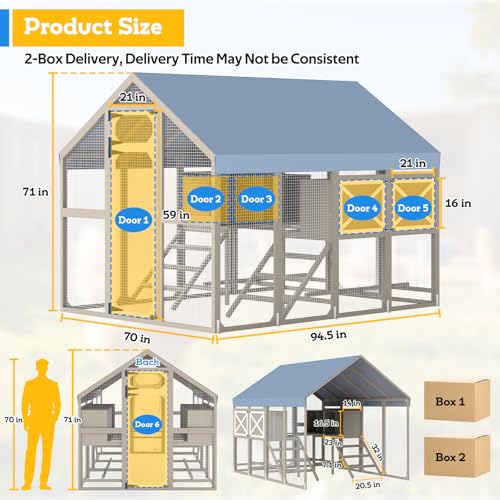 71" H Large Chicken Coop Outdoor Hen House for 8-12 Chickens Walk-in Chicken Run with Weatherproof Roof, Wooden Backyard Poultry Cage with 8 External Nesting Boxes, Ramp for Yard Farm - size: 94.5"L x 70.0"W x 71.0"H