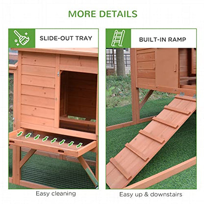 PawHut 96.5" Chicken Coop Wooden Hen House Poultry Cage Pen Portable with Wheels and Nesting Box, Chicken Cage for Backyard Outdoor, Natural - color: Brown
