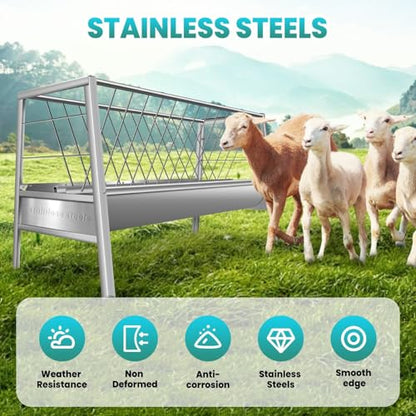 Heavy-Duty Stainless Steel Pasture Hay Feeder, 77 Gallon 2 in 1 Livestock Feed Trough, Detachable Ease of Assembly, Goat Hay Feeder for Sheep, Calf, Cow and Horse