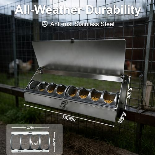 Hanging Chicken Feeder Metal Poultry Feed Trough Chicken Coop Fence Feeder with Rain Cover for Pigeon Turkey Geese Quails Ducks Bantams and Bird
