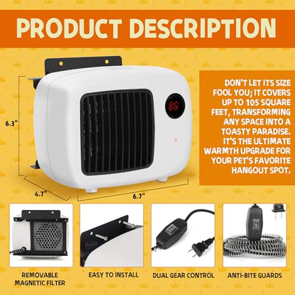 Pet House Heater with Thermostat, 300W/600W Heater for Dog Houses & Chicken Coops, PTC Heating, Overheat Protection, 6FT Anti-Chew Cord, Indoor & Outdoor Use, Up to 105 Sq Ft