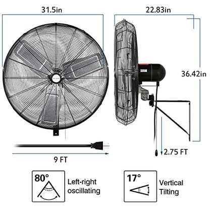 BILT HARD 9500 CFM 30 in. High Velocity Industrial Wall Fan, 3-Speed Wall Mount Oscillating Fan, Heavy Duty Air Circulator for Garage, Commercial, Warehouse, Factory, Workshops and Jobsites, 2 Pack - size: 30 in.