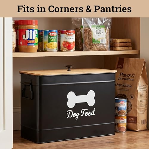 Dog Food Container Airtight Bamboo Lid 15-20 lb Sturdy Metal Handle 70 Cups | Pet Jar For Dogs up to 100lbs, Airtight Bamboo Lid, Sturdy Comfortable Metal Handle, Powder Coated Iron, Kibble Storage Bin - color: Black