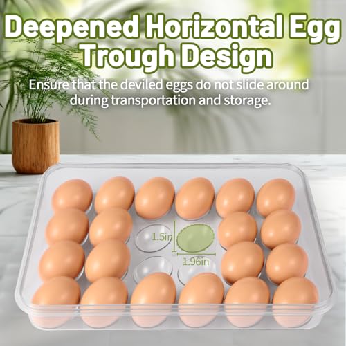 RoskDeewat Deviled Egg Containers with Lid, 2 Pack Thick Clear Plastic Deviled Carrier with Handle Storage 48 Eggs, Stackable Egg Holder Portable Tray Platter for Fridge, Travel, Party-White
