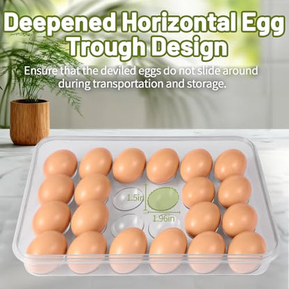 RoskDeewat Deviled Egg Containers with Lid, 2 Pack Thick Clear Plastic Deviled Carrier with Handle Storage 48 Eggs, Stackable Egg Holder Portable Tray Platter for Fridge, Travel, Party-White