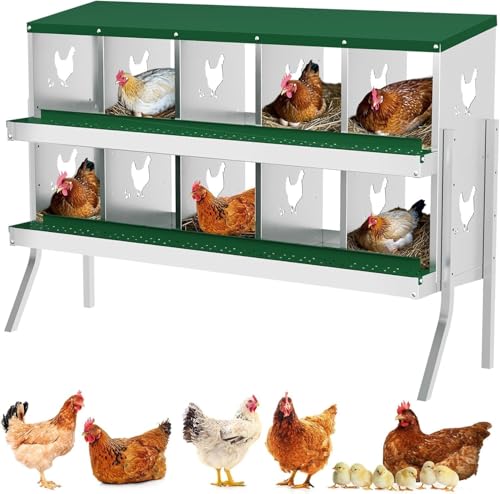 Metal Chicken Nesting Box, 10 Compartments, Rollout Egg Collection, Large Vented Holes, Perch Included, Wall Mount or Free Standing Laying Box for Hens and Chickens - Green with Legs - color: Green, size: 10 Holes with Legs